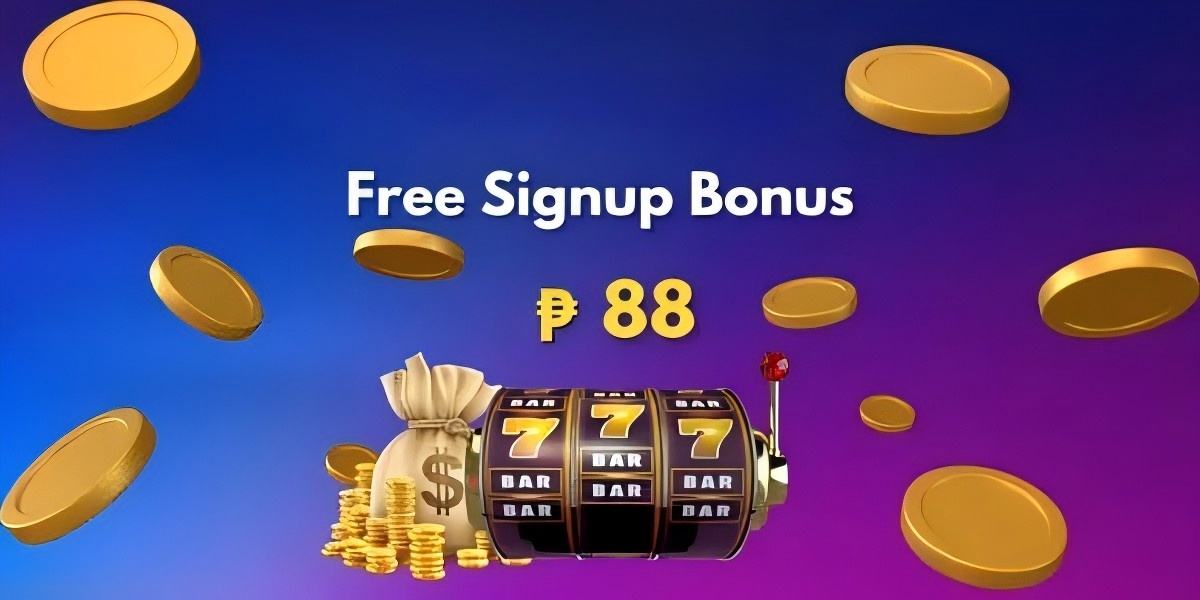 Promotion banner with free signup bonus 88 pesos text, a triple-seven slot machine, a money bag and gold coins