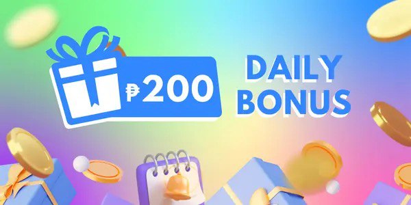 Promotion banner with a blue gift box, 200 pesos daily bonus text, gold coins and a calendar on a rainbow gradient